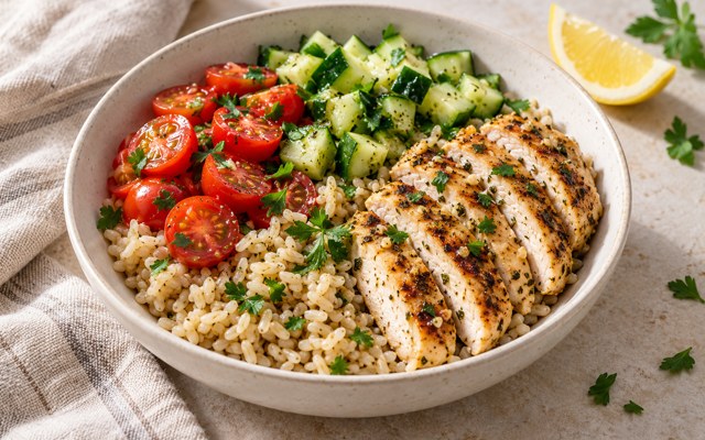 Serving illustration for Lemon Chicken and Brown Rice Bowls