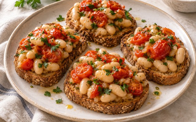 Serving illustration for White Bean and Tomato Toasts