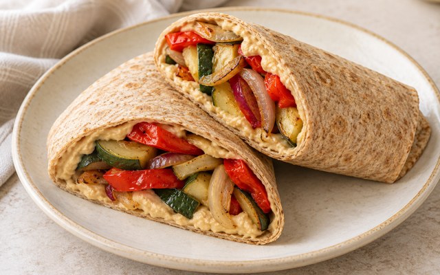 Serving illustration for Roasted Vegetable and Hummus Wraps