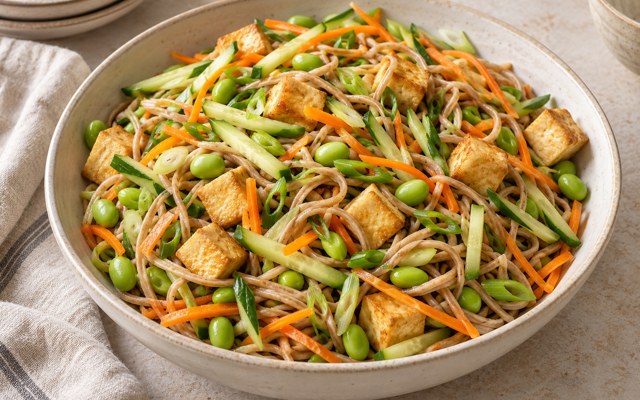 Serving illustration for Ginger Tofu and Edamame Noodle Salad