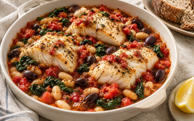 Serving illustration for Baked Cod with Tomatoes and Olives