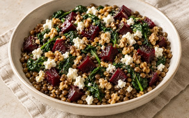 Serving illustration for Warm Lentils with Ready Cooked Beets and Feta